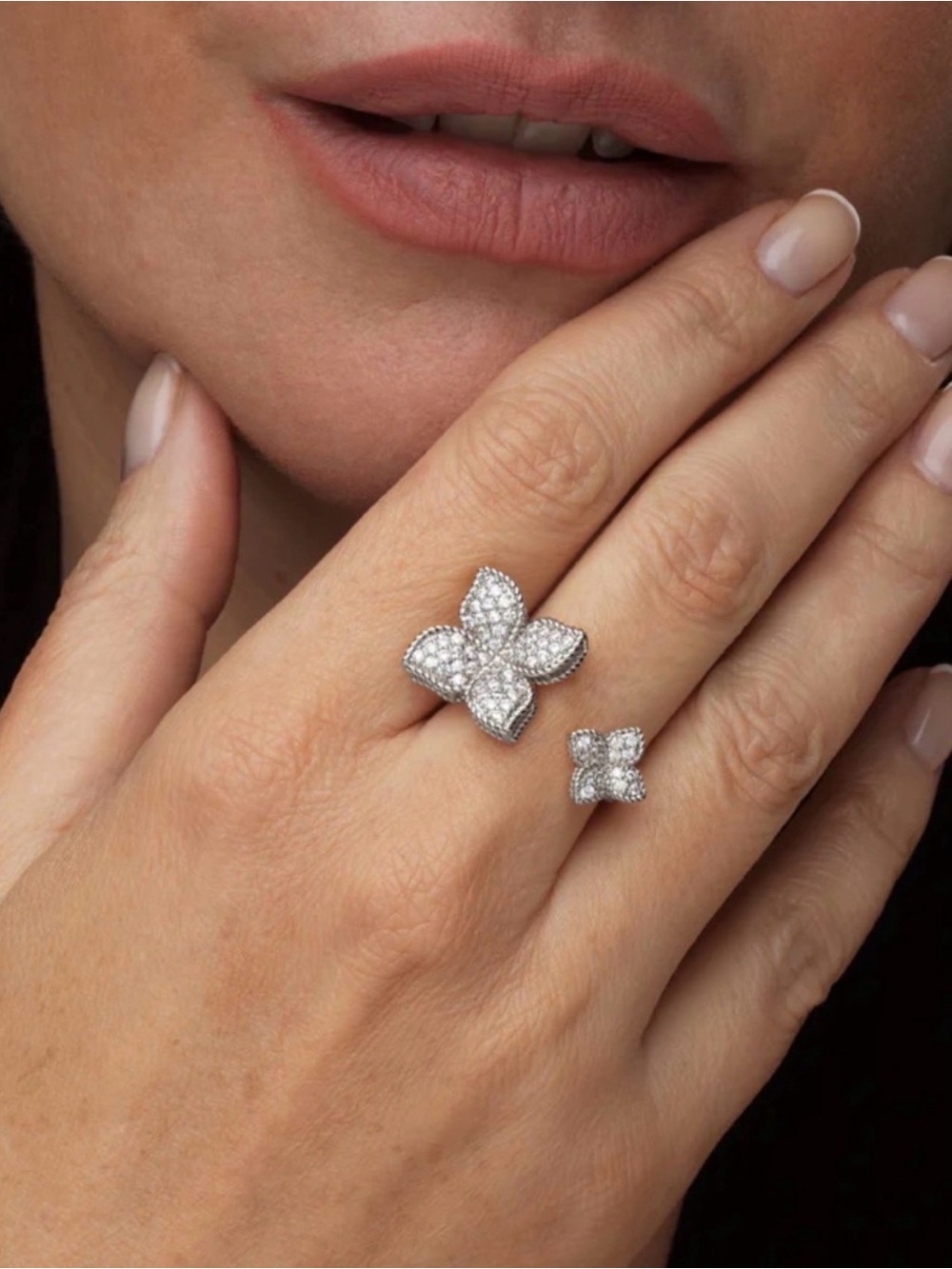 Diamond Look Pavé Floral Open Ring in Silver - Jewelry